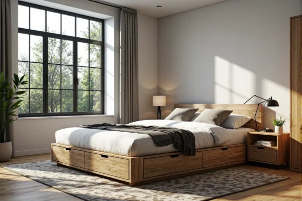 Łóżko drewniane dąb craft z szufladami pod materacem