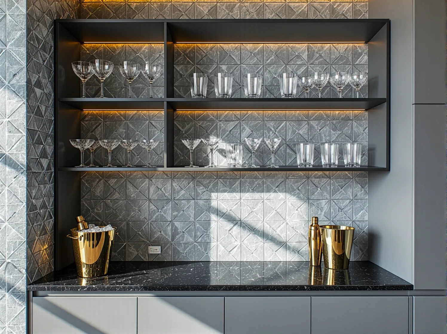 Kryształowy żyrandol oświetlający jadalnię połączoną z kuchnią glamour, tworząc efekt luksusu i elegancji.