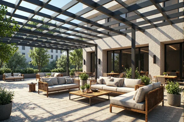 Zestaw mebli ogrodowych drewnianych z szarymi poduszkami i stolikiem