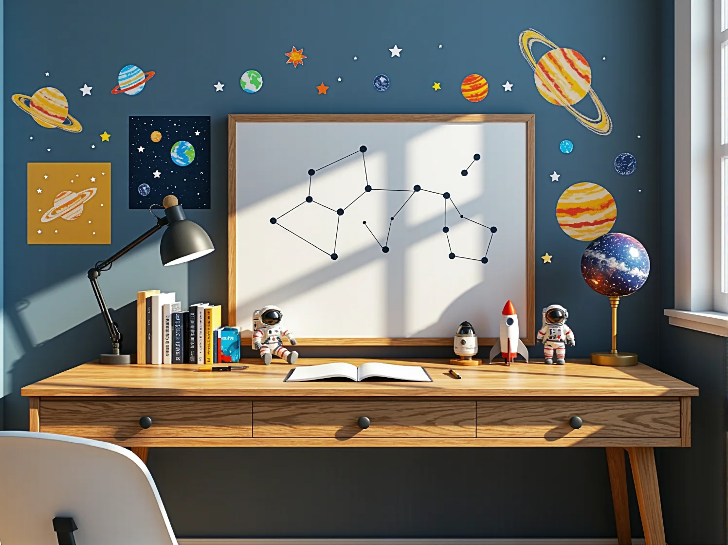 Pokój dziecka z motywem kosmosu. Planety i gwiazdy jako kreatywna dekoracja inspirująca do nauki astronomii.