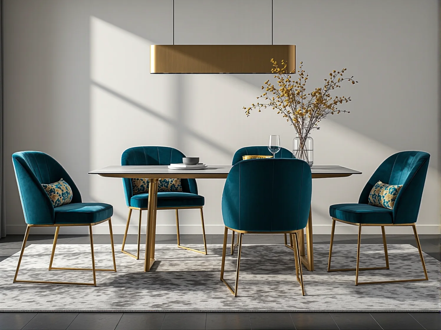 Zbliżenie na elegancko zastawiony stół w jadalni glamour: złote sztućce, czarna zastawa i stylowe dekoracje.