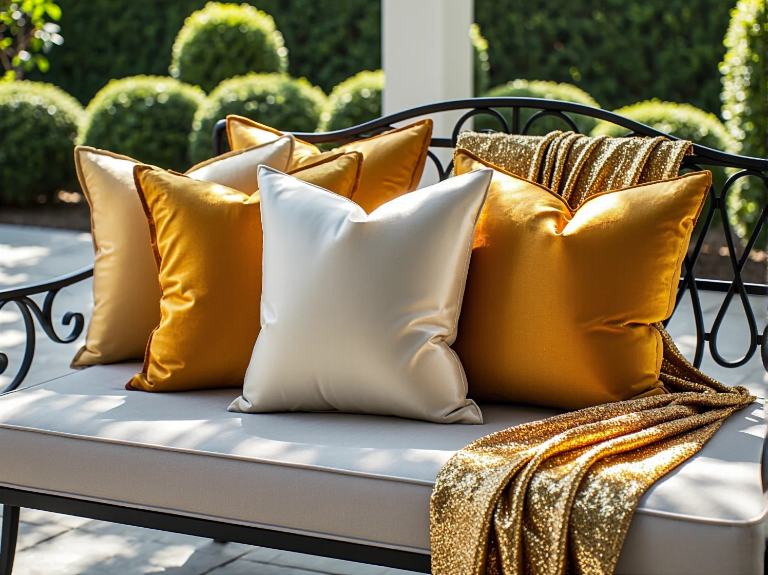 Kompleksowa aranżacja świetlna altany z żyrandolem i kinkietami w tle ogrodu.