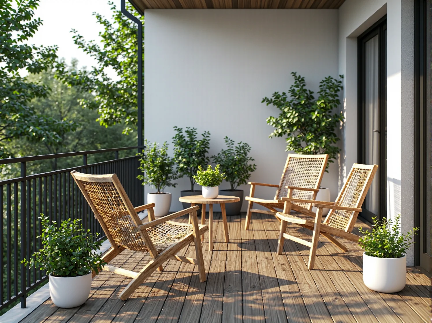 Minimalistyczny fotel ogrodowy z rattanu jako element wystroju skandynawskiego salonu przy dużym oknie z rośliną.