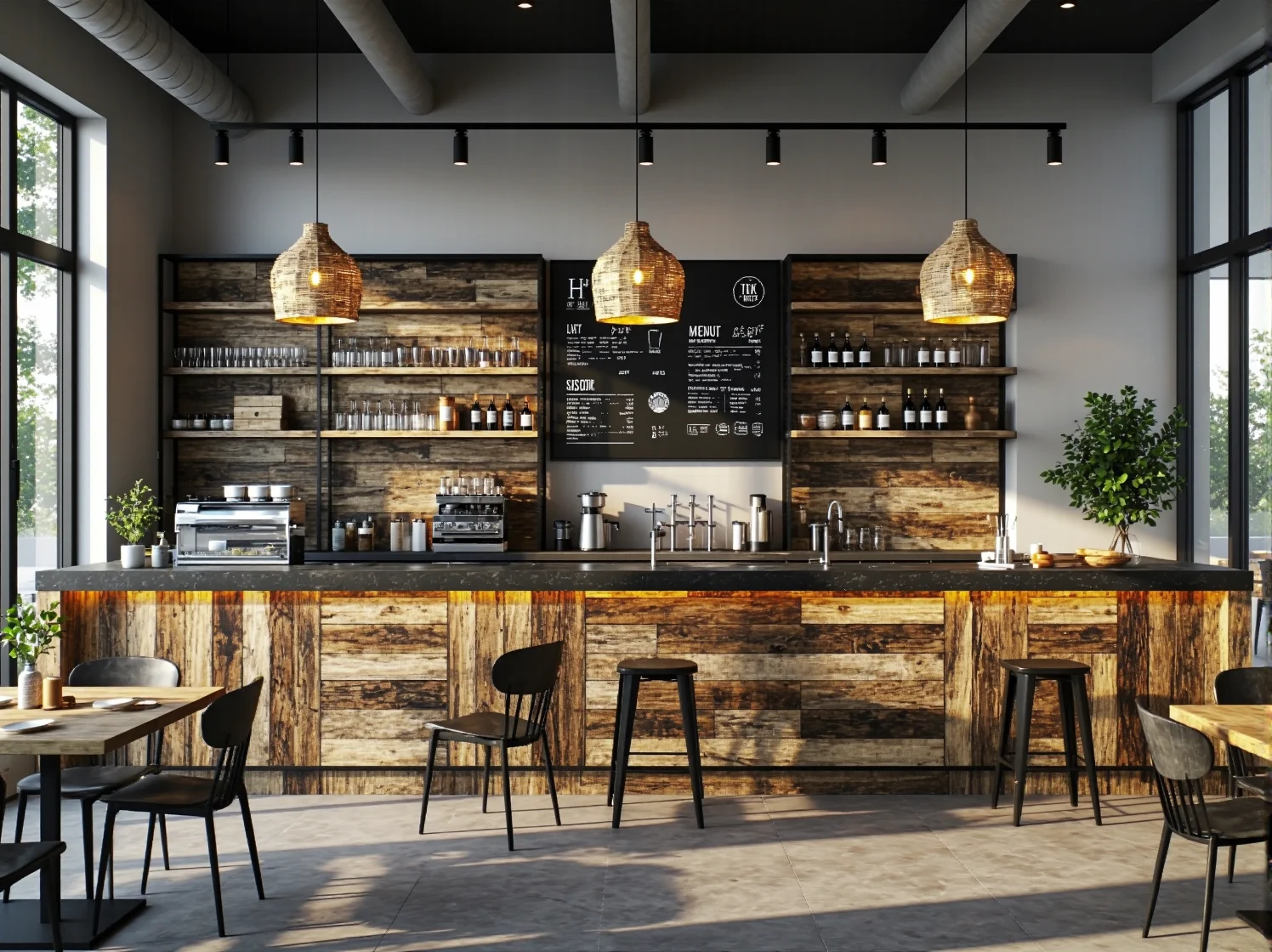 Bar restauracyjny wykonany z palet i drewna z odzysku jako centralny punkt ekologicznego wnętrza.