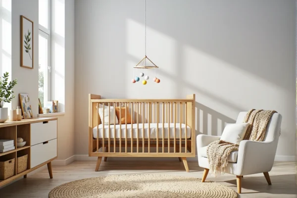 Drewniane łóżeczko niemowlęce sosnowe ze szczebelkami na nóżkach