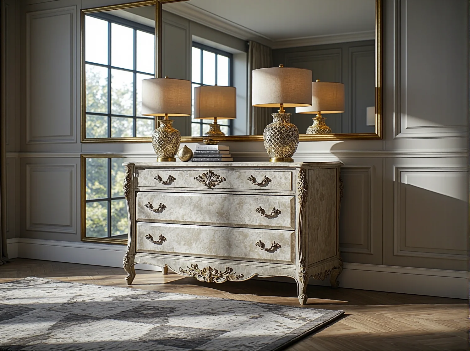 Zbliżenie na ozdobne, kryształowe gałki luksusowej białej komody w stylu glamour.