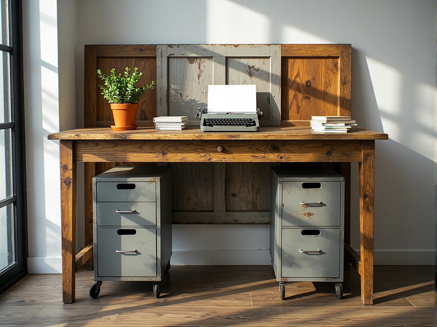 Zbliżenie na ręcznie robione biurko z odzyskanych palet w industrialnym, ekologicznym biurze.