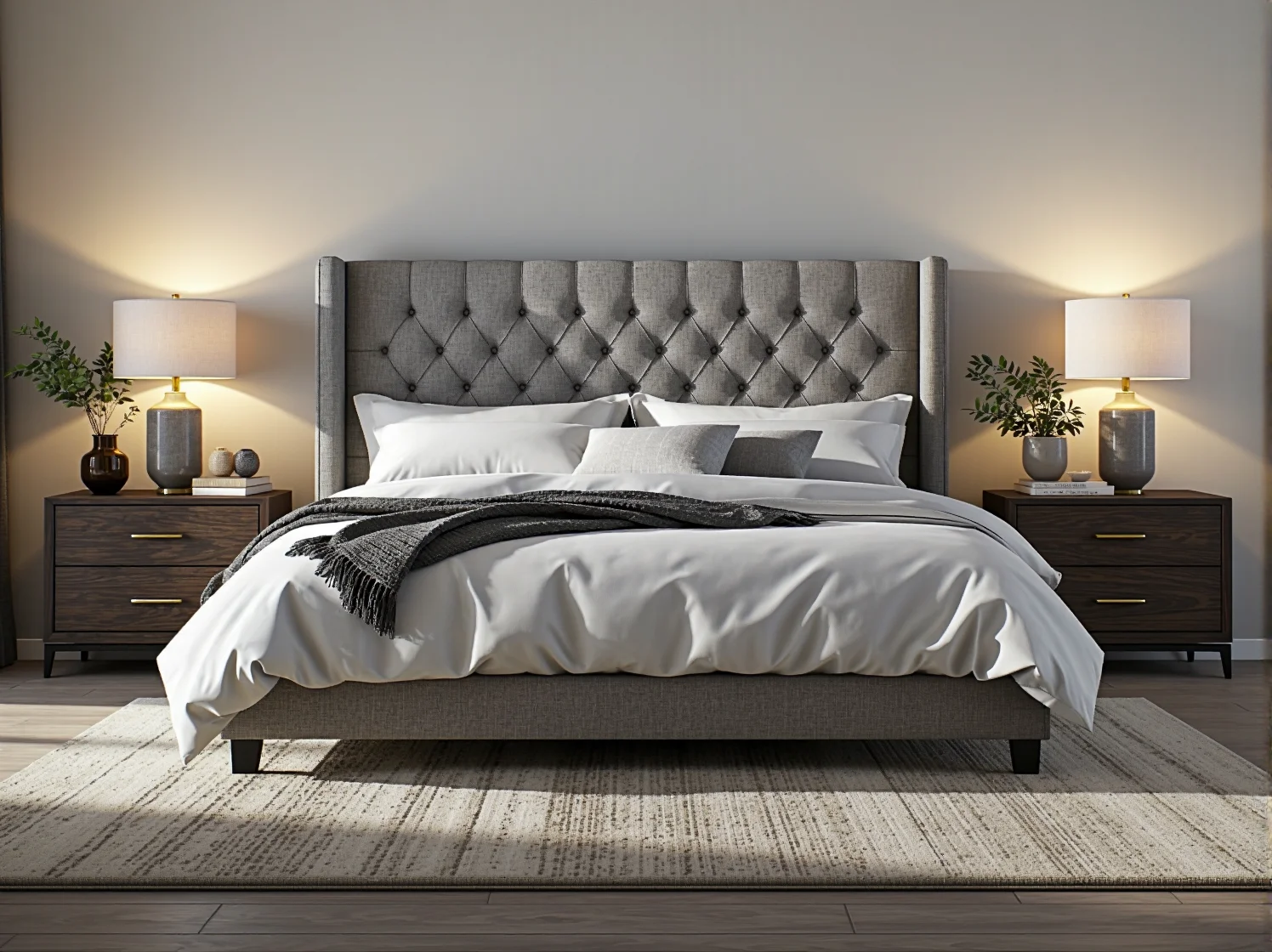 Ciepła barwa światła w sypialni, idealnie komponująca się z luksusowym łóżkiem i tworząca strefę relaksu.