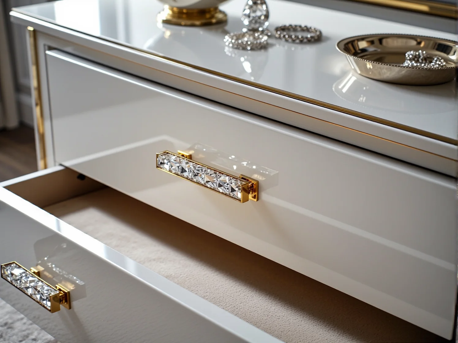 Aranżacja salonu z czarną komodą glamour i złotymi dekoracjami na eleganckim tle.