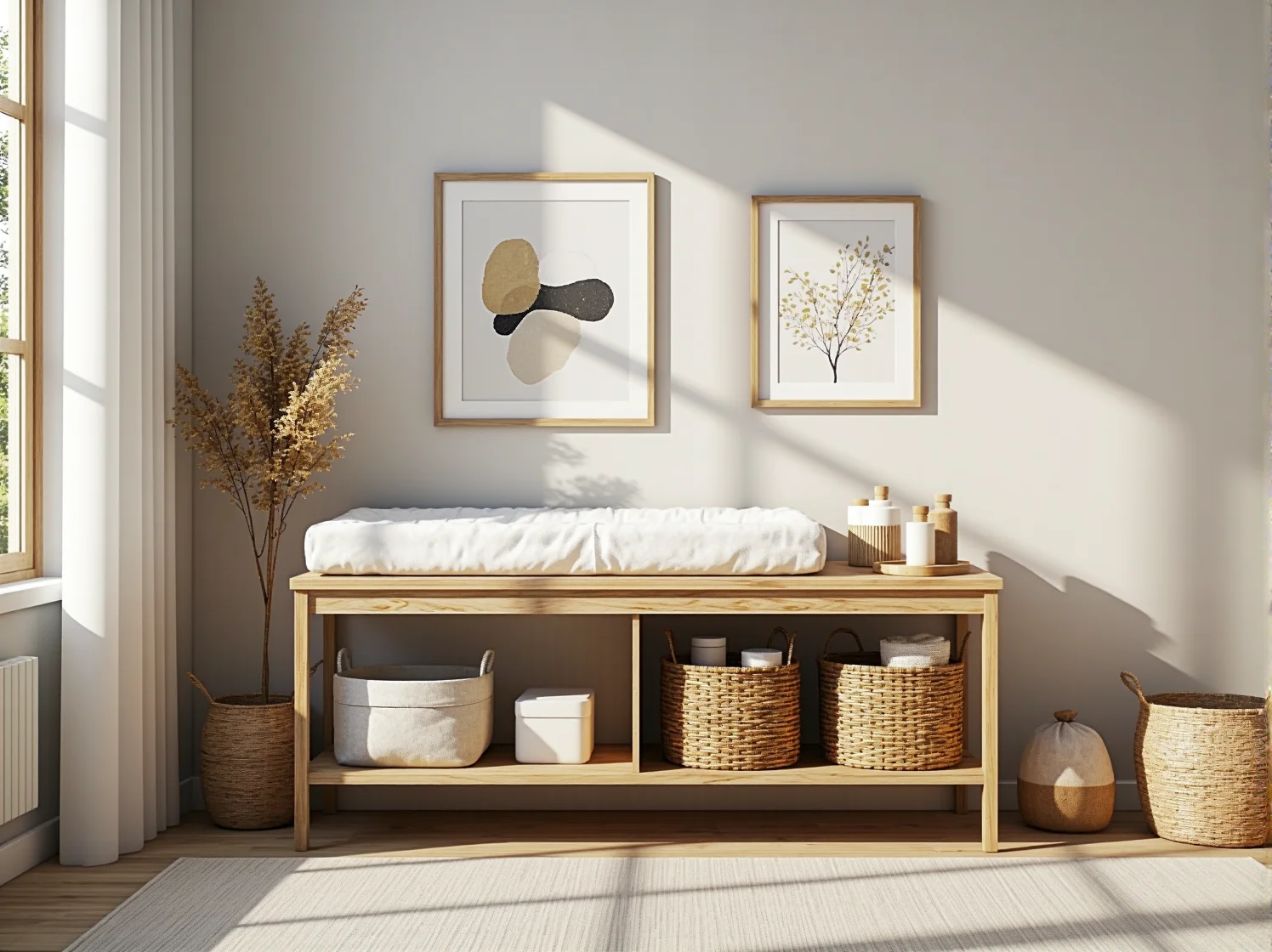 Spokojny i ponadczasowy pokój niemowlęcy japandi z funkcjonalnym miejscem do przewijania.