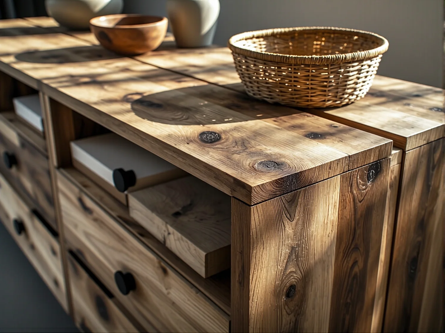 Ponadczasowy design mebla w stylu skandynawskim. Komoda z drewna z recyklingu na tle białej ściany z cegły.