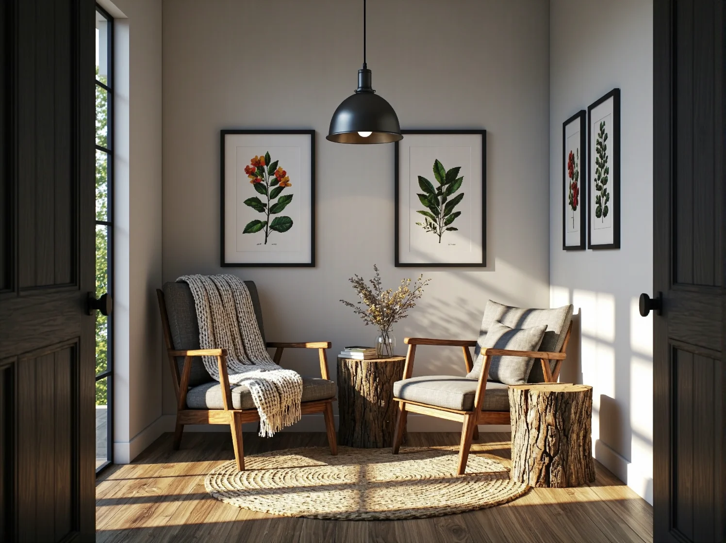 Jasny, przestronny salon rustykalny z dużą, drewnianą lampą wiszącą nad częścią wypoczynkową.