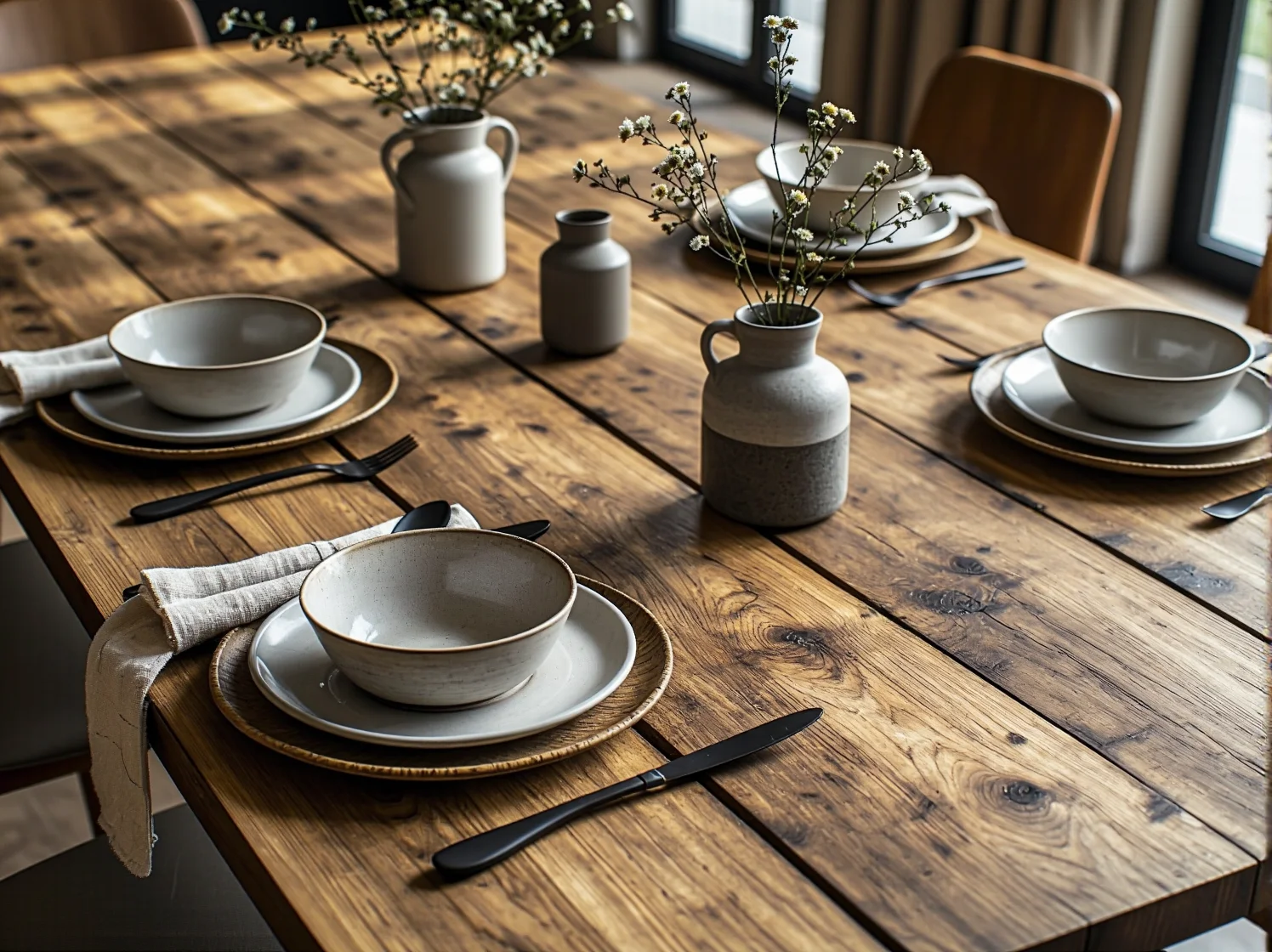 Jasna jadalnia w restauracji z drewnianymi stołami i krzesłami z recyklingu, przykład ekologicznego designu.