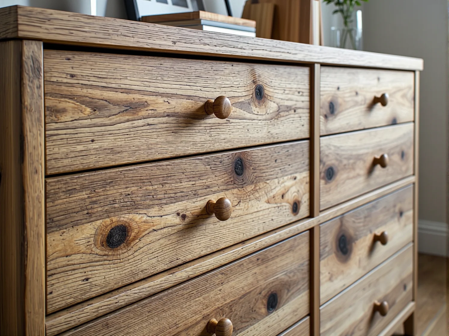 Zbliżenie na szufladę ekologicznej komody, ukazujące unikalną fakturę drewna z odzysku i dbałość o detal.