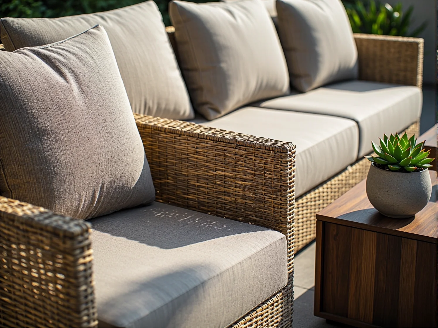 Aranżacja tarasu z szarymi meblami modułowymi, które można elastycznie konfigurować w zależności od potrzeb.