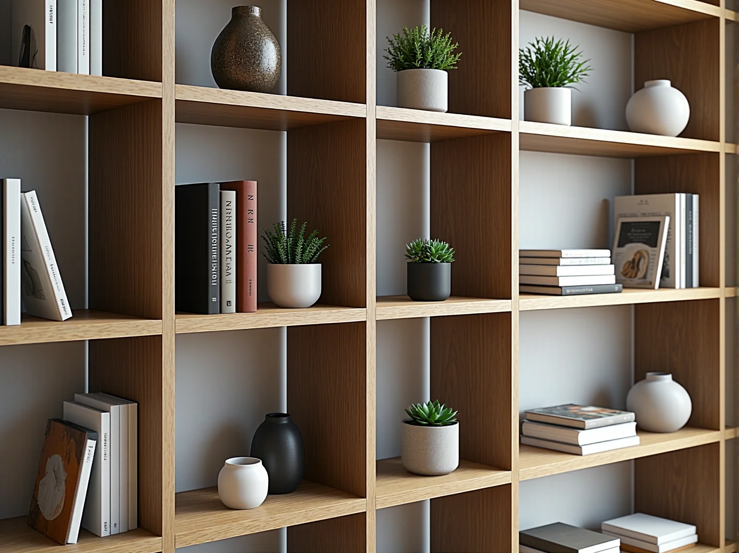 Elastyczny system regałów modułowych dopasowany do nietypowej wnęki, pokazujący zalety personalizacji w małym mieszkaniu.