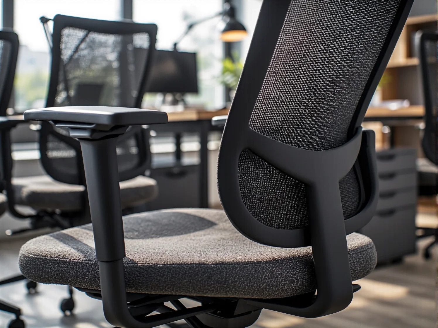 Mężczyzna siedzący w ergonomicznej pozycji na krześle biurowym, co pokazuje dbałość o zdrowie kręgosłupa w miejscu pracy.