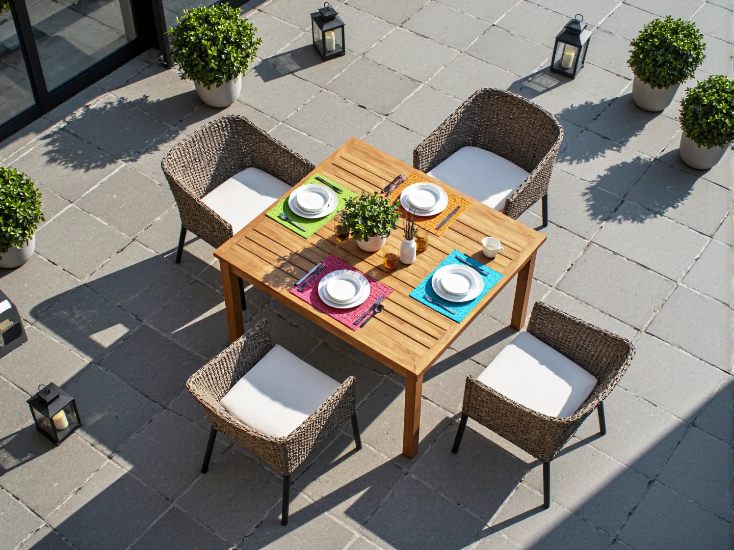 Zbliżenie na funkcjonalne meble ogrodowe modułowe, pokazujące możliwość łączenia poszczególnych segmentów sofy.