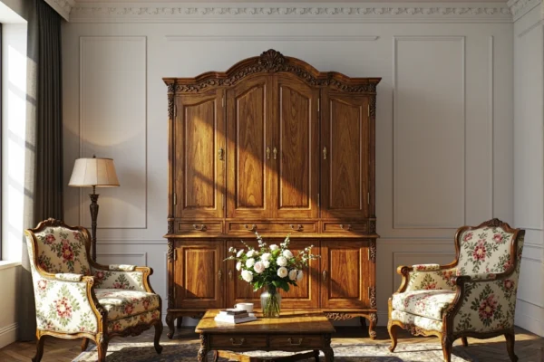 Stylowa szafa orzechowa z rzeźbieniami i mosiężnymi uchwytami