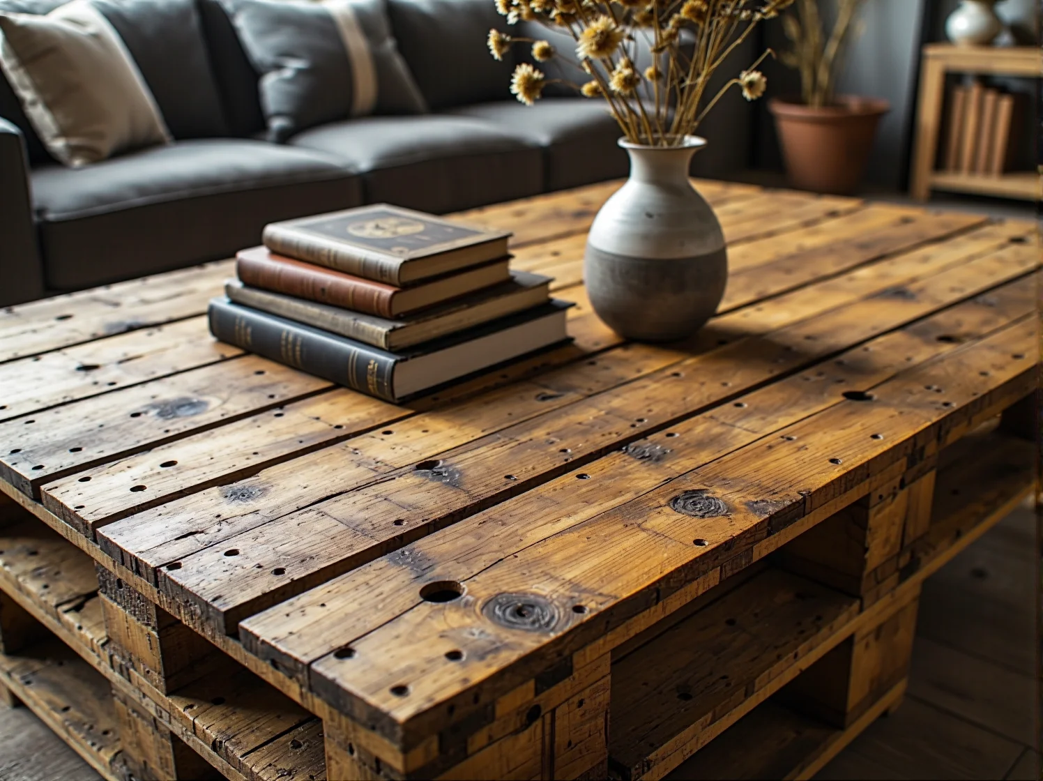 Zbliżenie na industrialny stolik kawowy wykonany z odzyskanych metalowych części. Unikalny design eko.