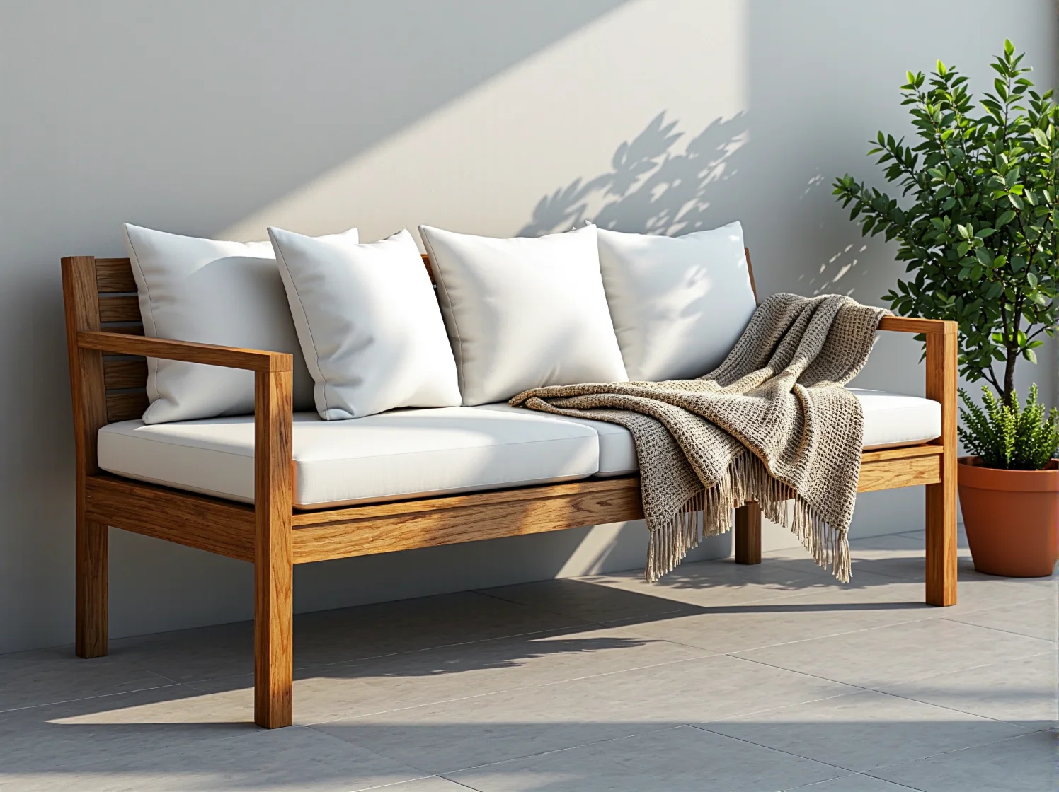 Komplet białych mebli ogrodowych na drewnianym tarasie, idealnie dopasowany do minimalistycznego wnętrza domu.