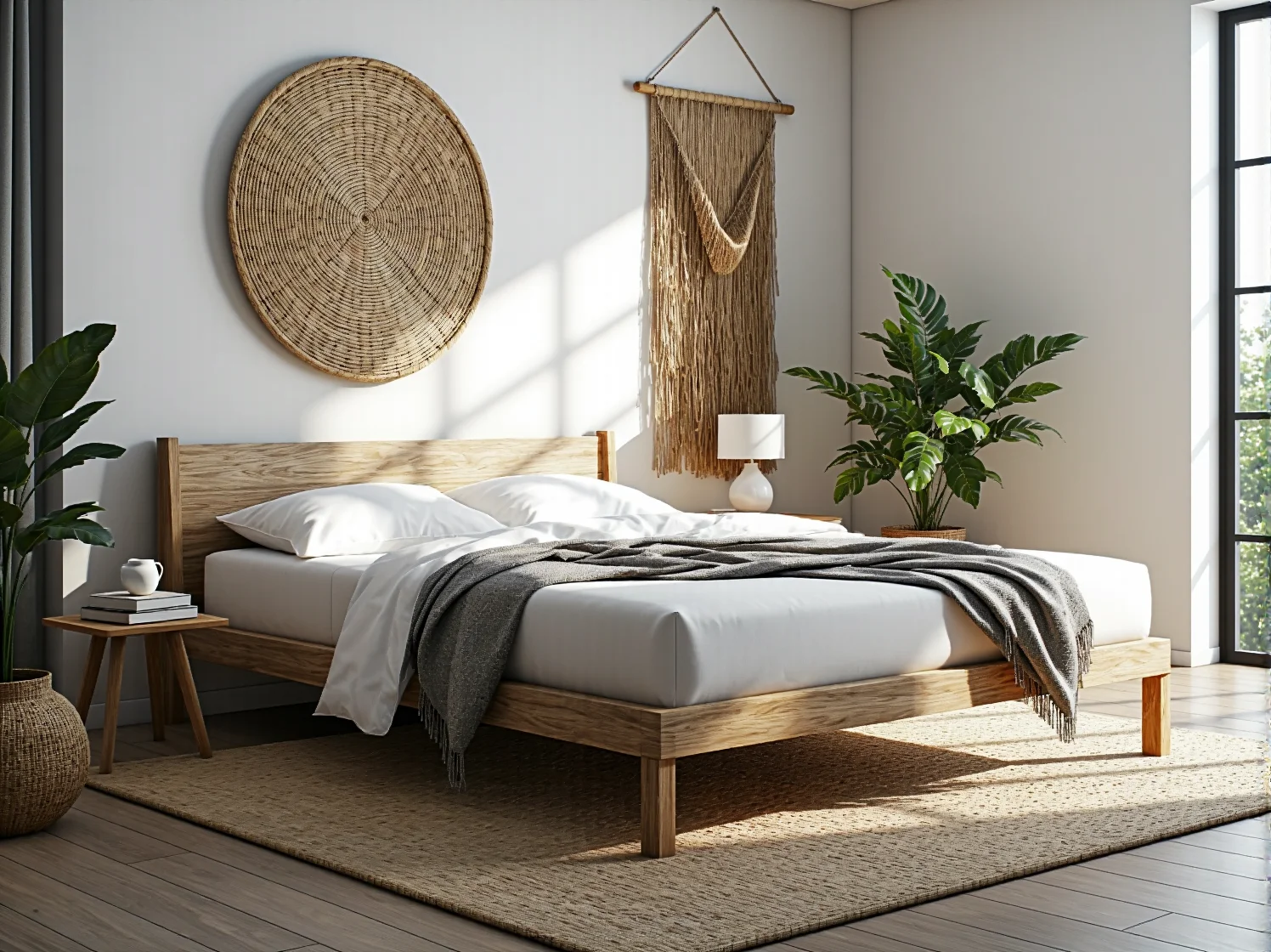 Kącik do czytania z wiklinowym fotelem, owczą skórą i stojącą lampą. Naturalne dodatki ocieplają skandynawską prostotę.