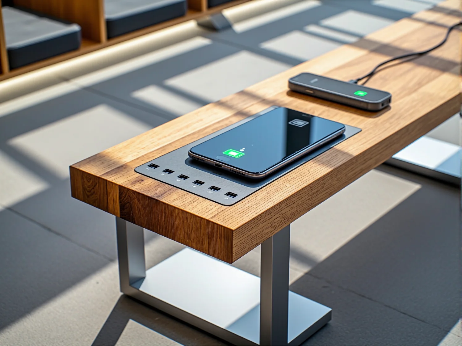 Mężczyzna ładujący telefon z portu USB w inteligentnej ławce miejskiej, przykład wygody i funkcjonalności mebli.