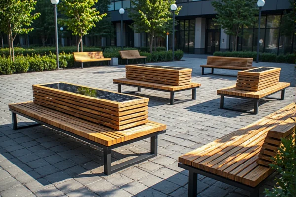 Ławki miejskie drewniane na metalowej ramie z panelami solarnymi