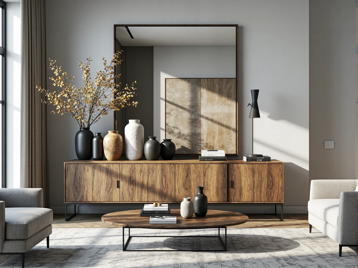 Jadalnia w stylu glamour z aksamitnymi krzesłami i dużym lustrem w ozdobnej, złotej ramie.