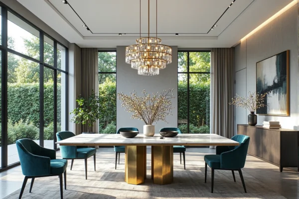 Luksusowy stół jadalniany z marmurowym blatem na złotej podstawie