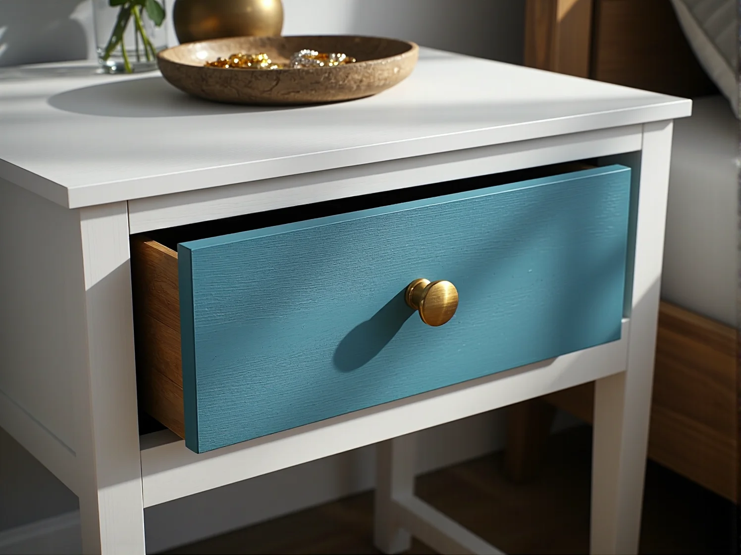 Kobieta szlifuje starą szafkę nocną papierem ściernym. Przygotowanie mebla do malowania.