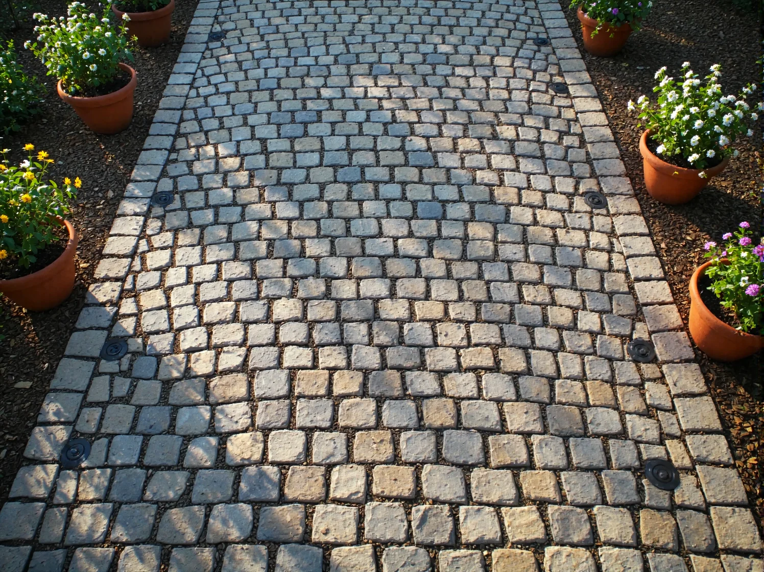 Niska lampa typu słupek oświetlająca żwirową alejkę i lawendę w ogrodzie w stylu prowansalskim.