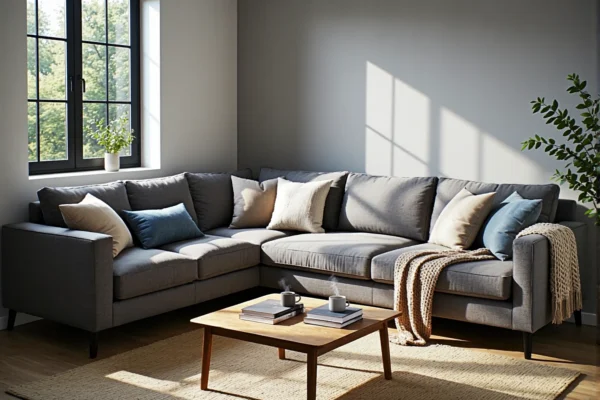 Narożnik wypoczynkowy szary tapicerowany z poduszkami dekoracyjnymi