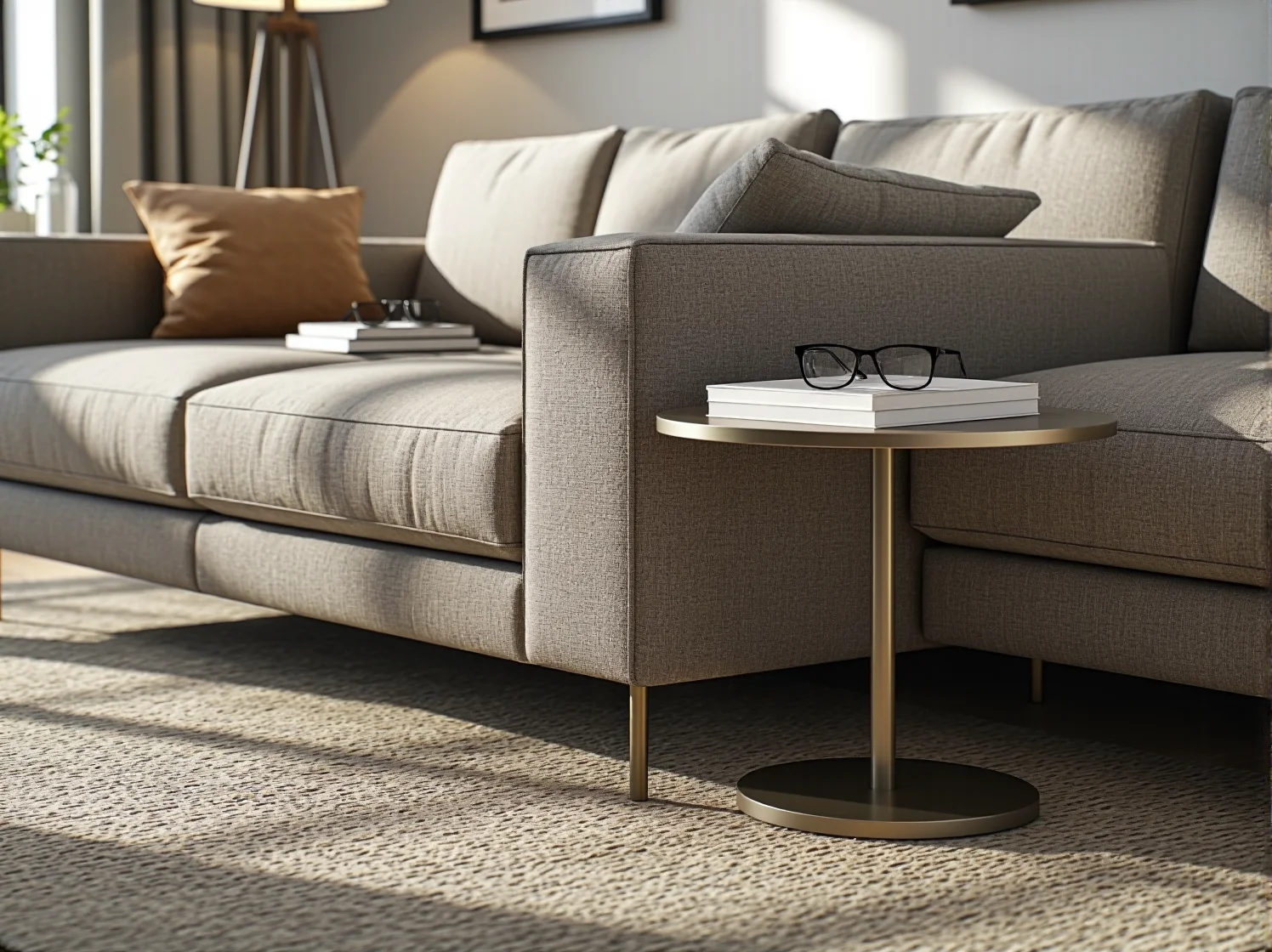 Narożnik w kształcie litery L oddzielający strefę wypoczynku od aneksu kuchennego w otwartym salonie.