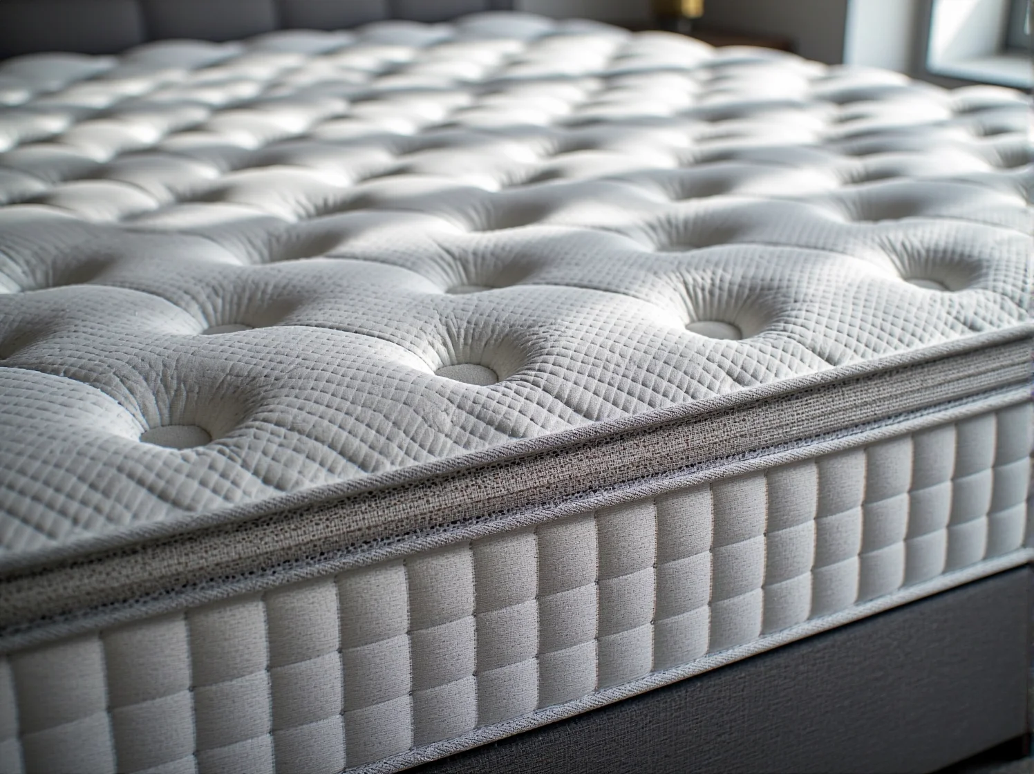 Zbliżenie na przekrój materaca dla alergików, który pokazuje jego oddychającą strukturę i warstwy ochronne.