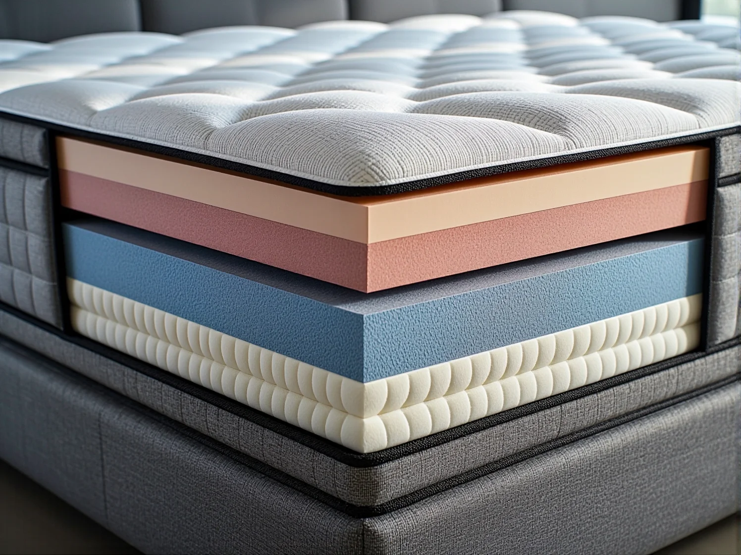 Przekrój materaca termoelastycznego pokazujący jego warstwową budowę dla optymalnego podparcia kręgosłupa.