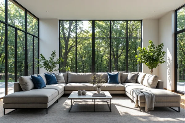 Duży narożnik modułowy szary z tapicerką tkaninową i metalowymi nogami