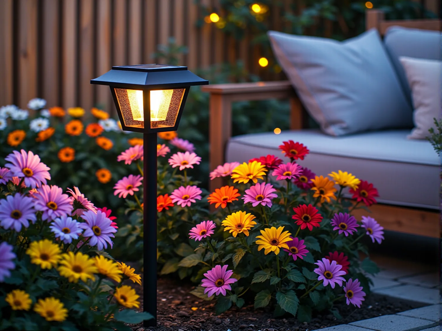 Kącik wypoczynkowy w ogrodzie z girlandami świetlnymi. Ciepłe oświetlenie tworzy przytulną atmosferę do relaksu.