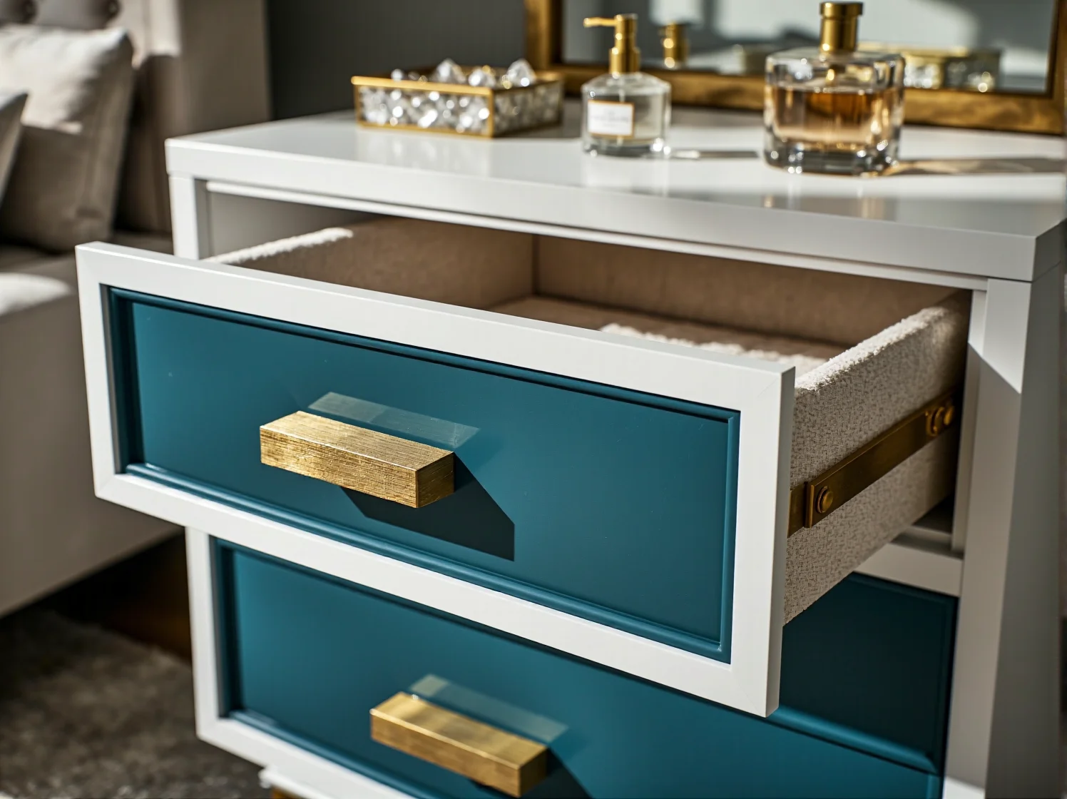 Złoty, ozdobny uchwyt i frezowany front luksusowej komody glamour. Detal podkreślający styl mebla.