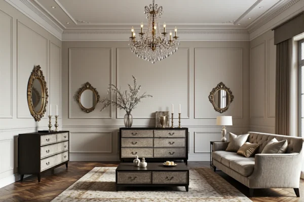 Elegancka komoda glamour srebrno-czarna z sześcioma szufladami