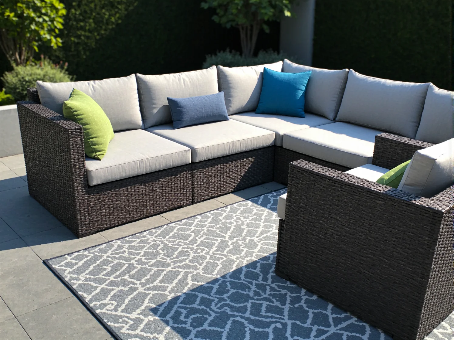 Kompaktowe meble modułowe idealne na mały balkon lub taras, tworzące przytulne miejsce do relaksu na świeżym powietrzu.