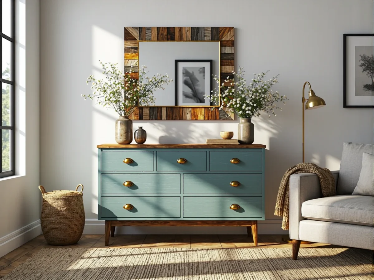 Komoda miętowa z siedmioma szufladami i mosiężnymi uchwytami