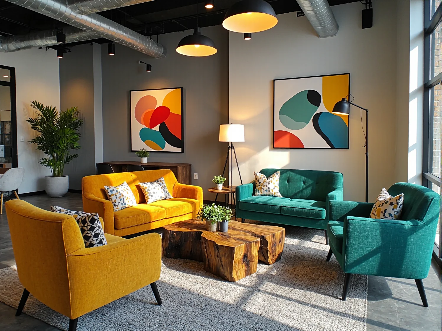 Wygodne fotele w strefie relaksu przestrzeni coworkingowej, przeznaczone do odpoczynku i nieformalnych spotkań.