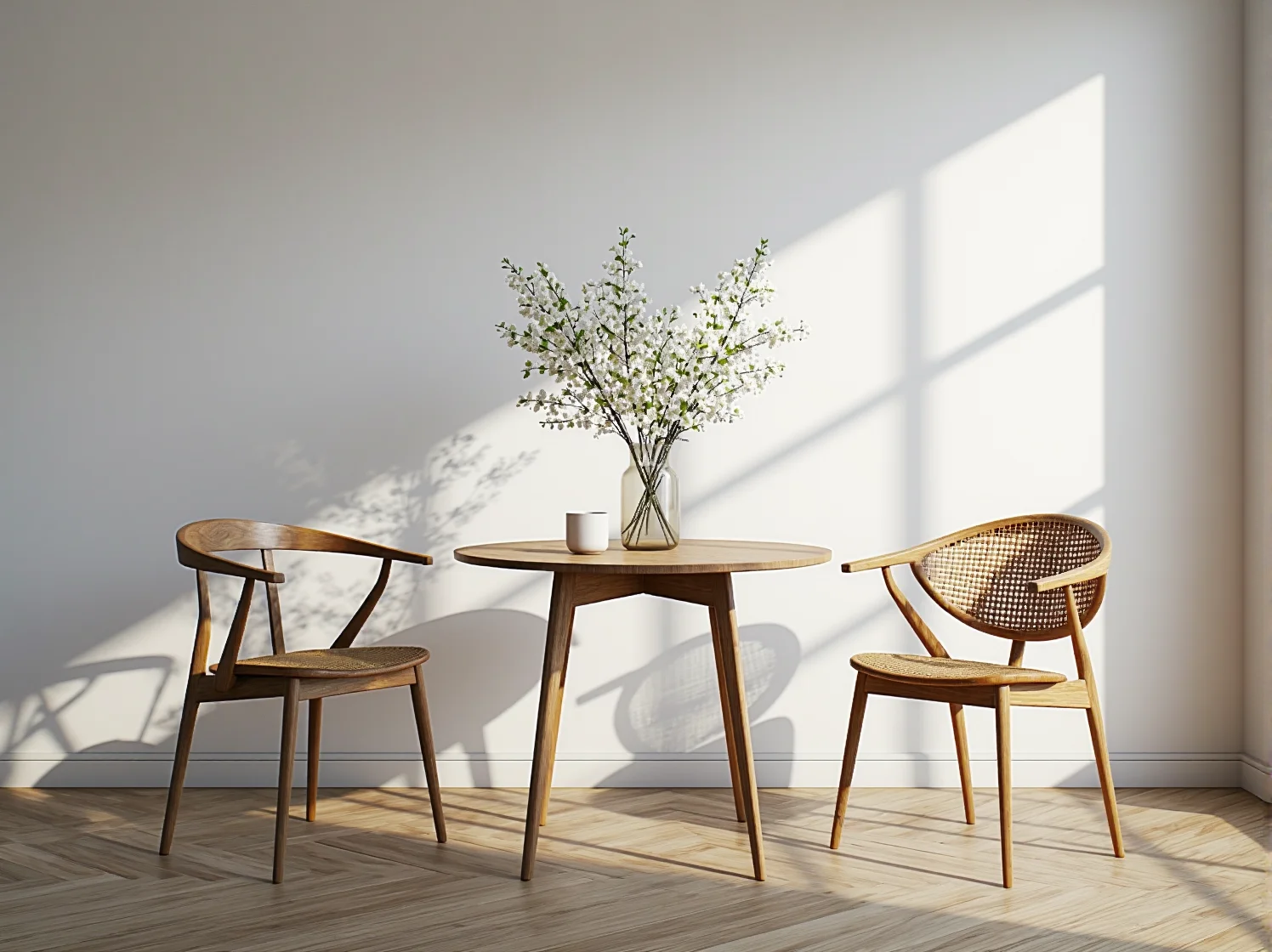 Nowoczesne krzesła skandynawskie z białym siedziskiem jako element aranżacji jasnej jadalni.