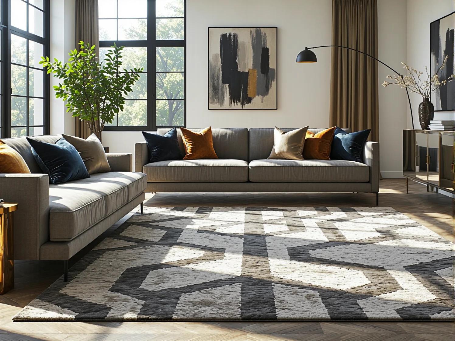 Spójna aranżacja glamour w open space. Marmurowy blat w kuchni połączonej z salonem i welurowe krzesła przy wyspie.