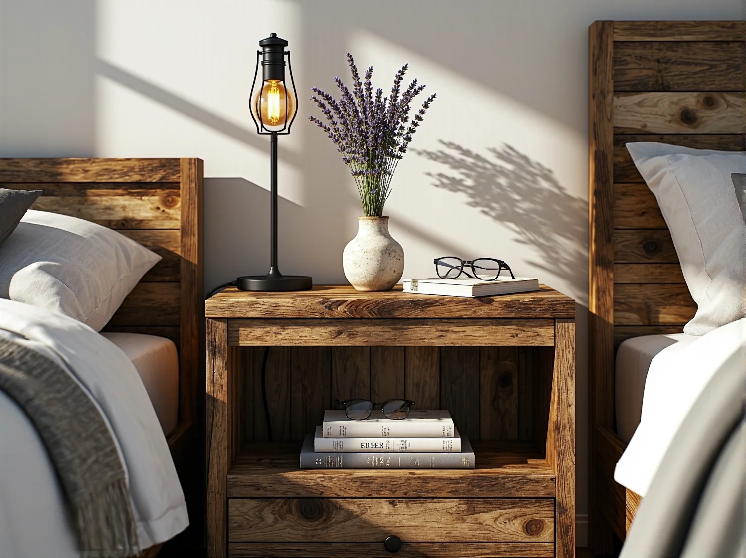 Zbliżenie na kinkiet rustykalny z drewna i czarnego metalu, zamontowany na ścianie z surowej cegły.