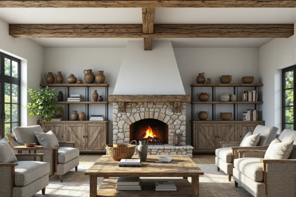 Rustykalny regał dębowy z metalową ramą i szafką dolną