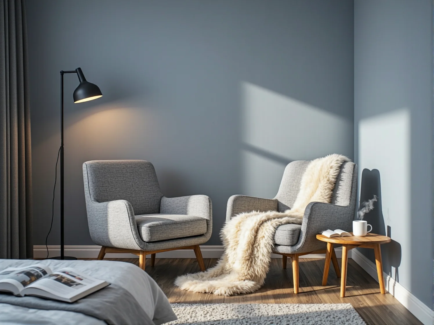 Nowoczesna lampka nocna na stoliku obok łóżka. Funkcjonalne oświetlenie punktowe w skandynawskiej sypialni.