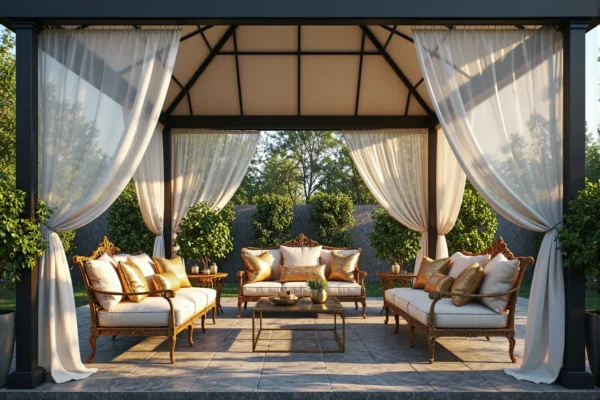 Elegancka altana ogrodowa z zestawem mebli w stylu glamour