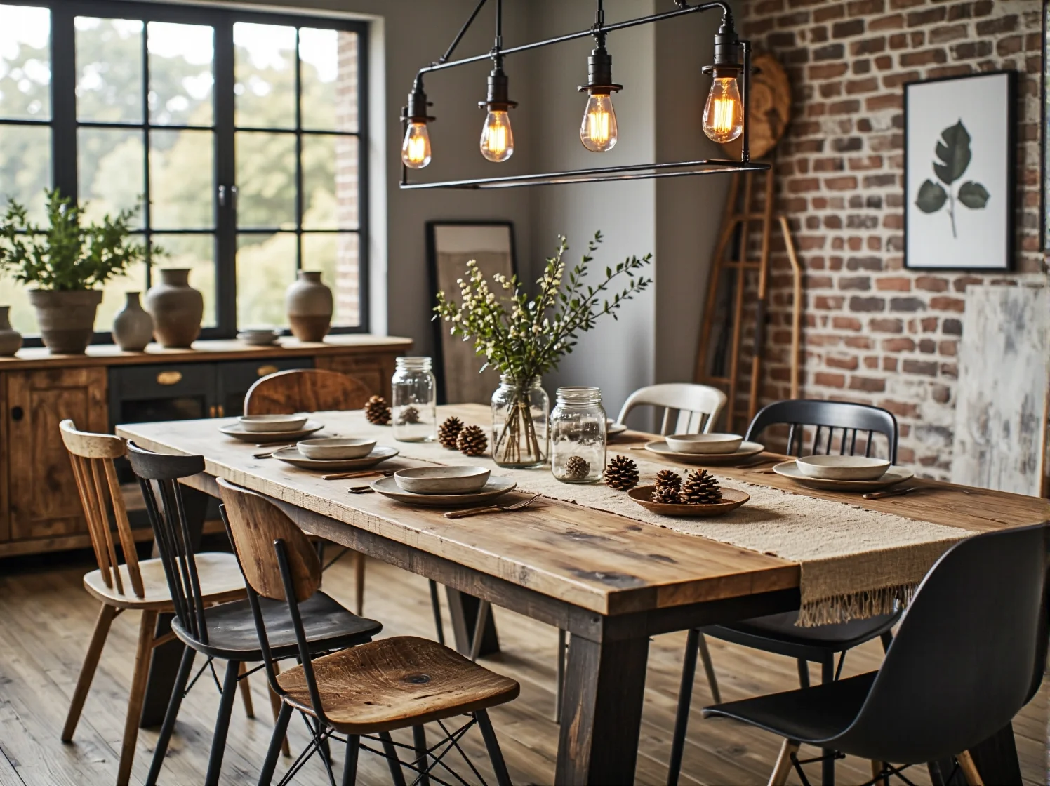 Trzy lampy wiszące w stylu rustykalnym nad drewnianym stołem w jadalni. Praktyczne porady doboru oświetlenia.
